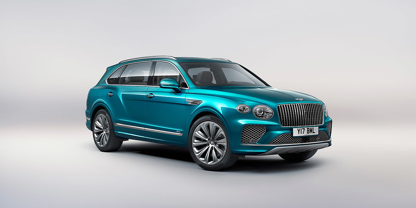 Bentley - Nanchang Bentley Bentayga EWB Azure front three-quarter view, featuring a fluted chrome grille with a matrix lower grille and chrome accents in Topaz blue paint.
