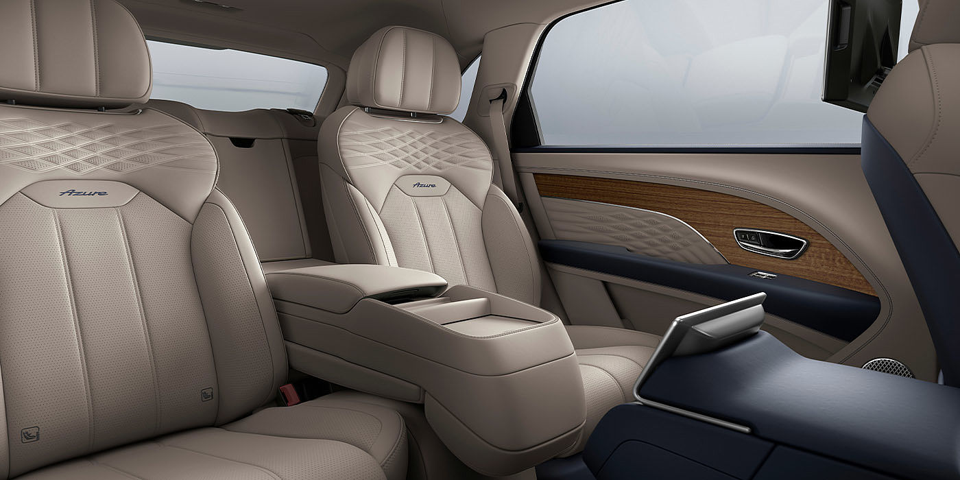 Bentley - Nanchang Bentley Bentayga EWB Azure interior view for rear passengers with Portland hide featuring Azure Emblem in Imperial Blue contrast stitch.